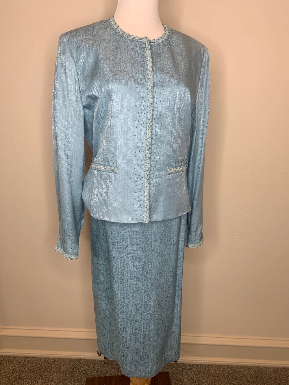 Adrianna Papell Beaded Evening Skirt Suit Sz Small100% Silk Pale Blue